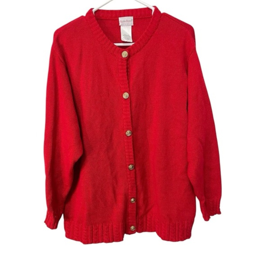 Bobbie Brooks Large Red Cardigan Gold Button Cable Trim Grandmacore Holiday